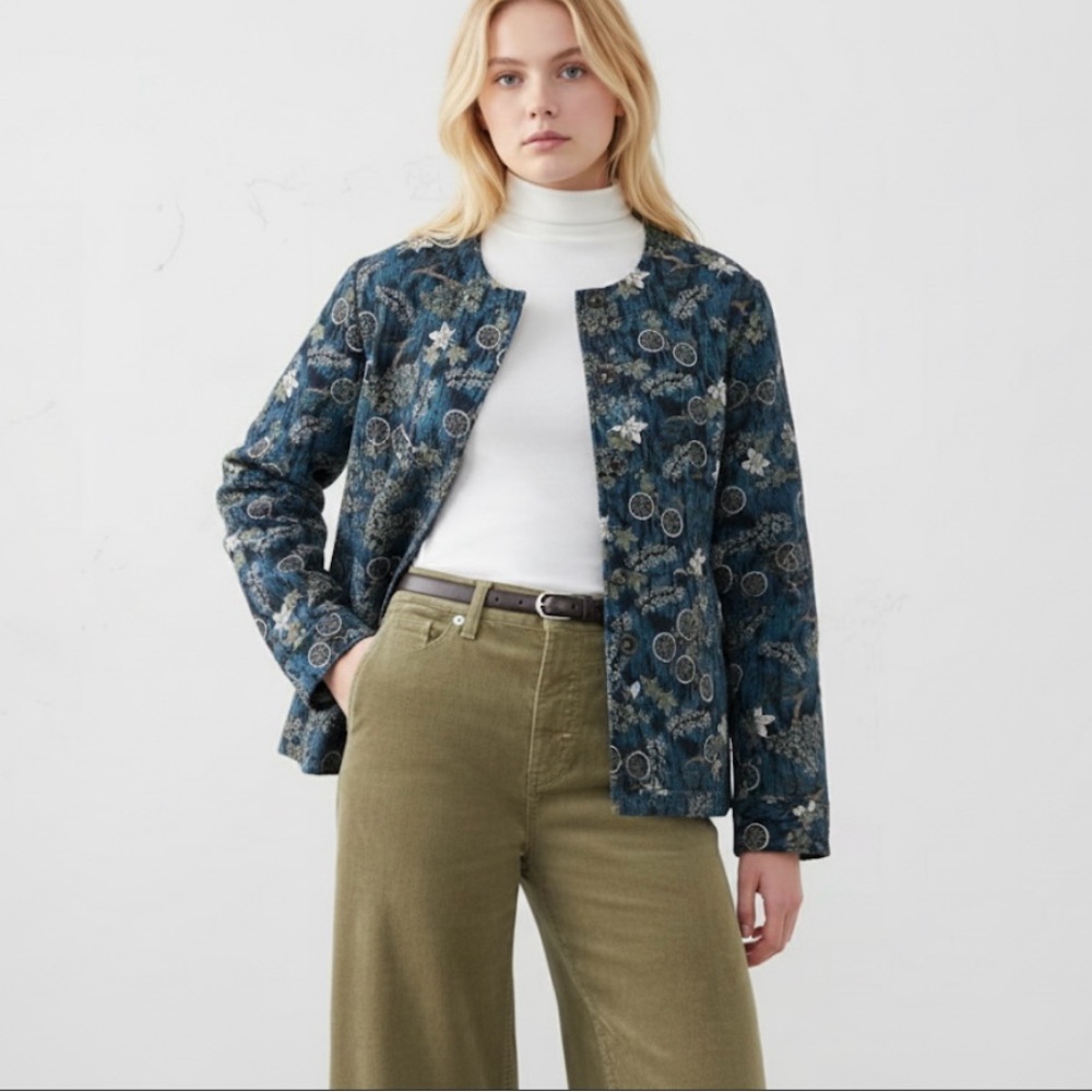 Christopher & Banks Floral Vintage Teal Green black Jacket Blouse M
